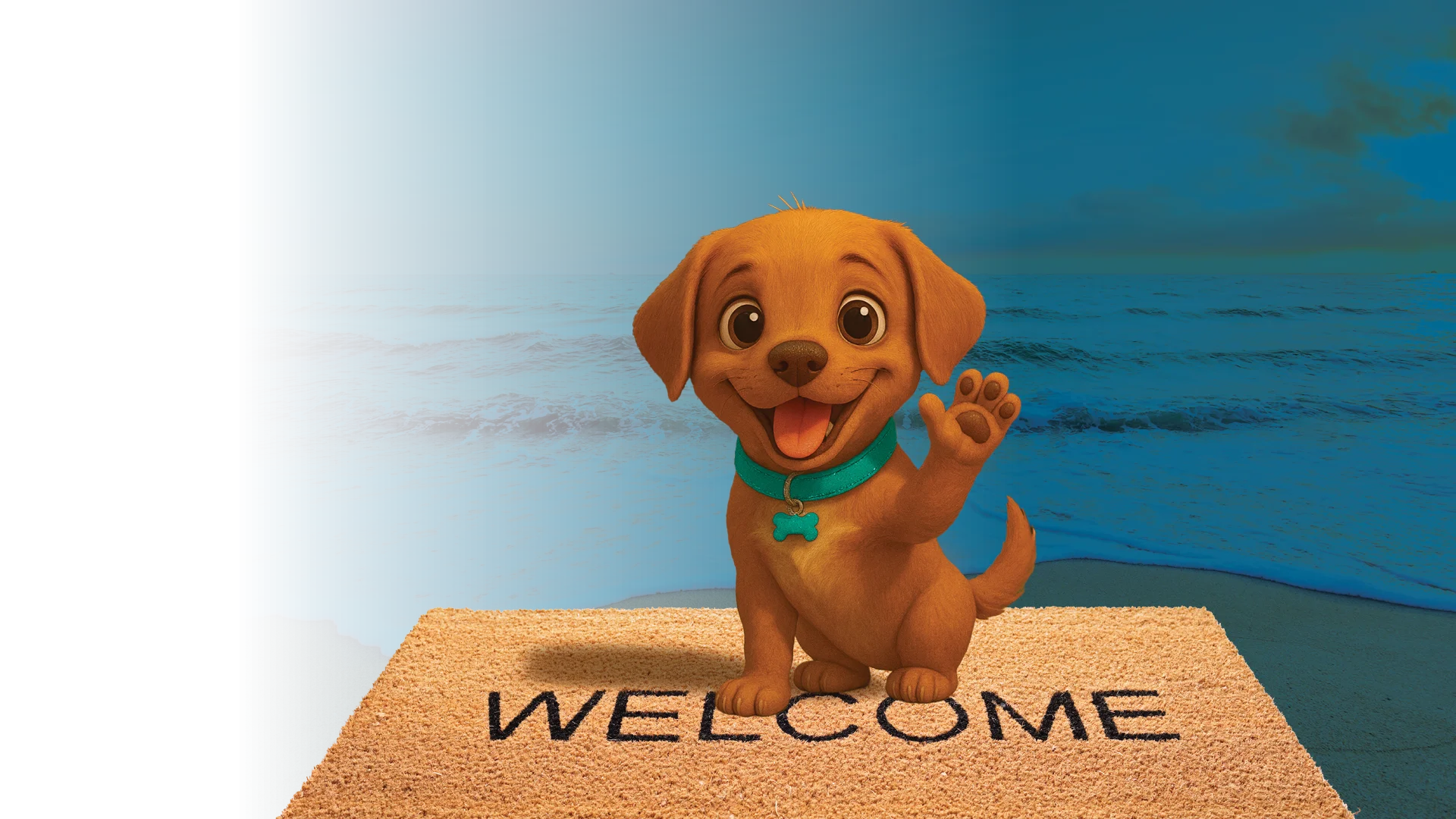 Sunny the dog on a welcome mat on the beach